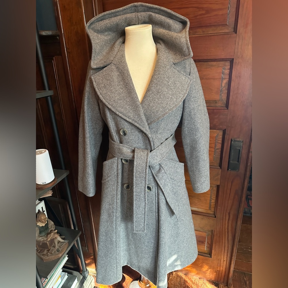 Sears Gray Hooded Wool-Blend Trench Coat